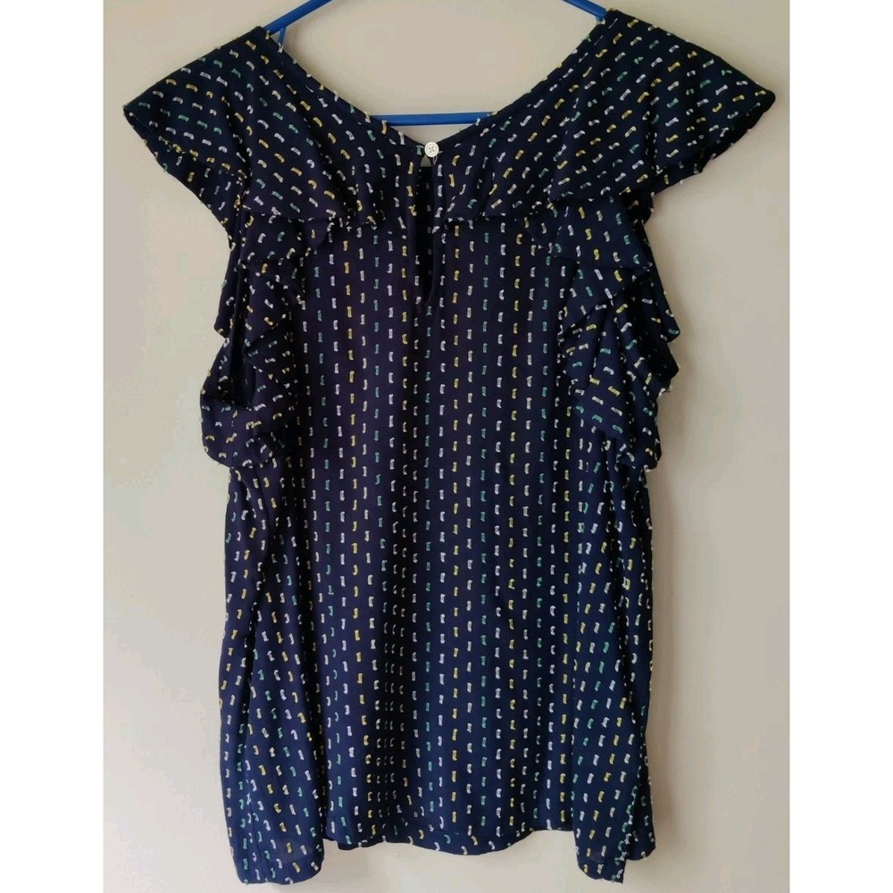 Loft Women's Clip Ruffle V-Back Shell Top Navy Blue/Yellow/Green Size Small - Picture 2 of 3